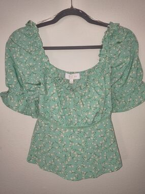 Love & Piece Mint Floral Puff Sleeve Tie Back Peplum Blouse Size S